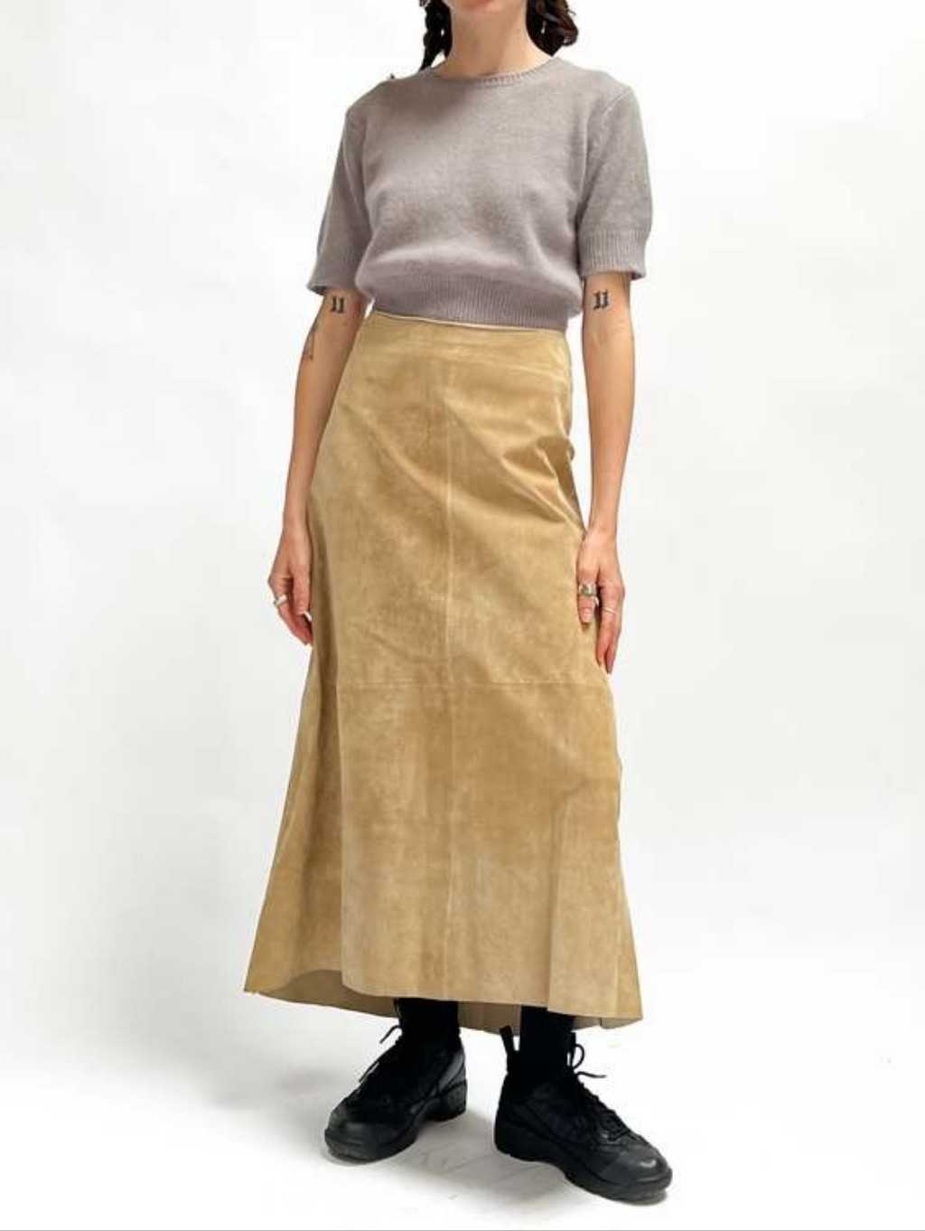 Vintage Dkny Soft Buckskin Leather Camel Tan Fishtail Suede A-Line Midi Skirt 8